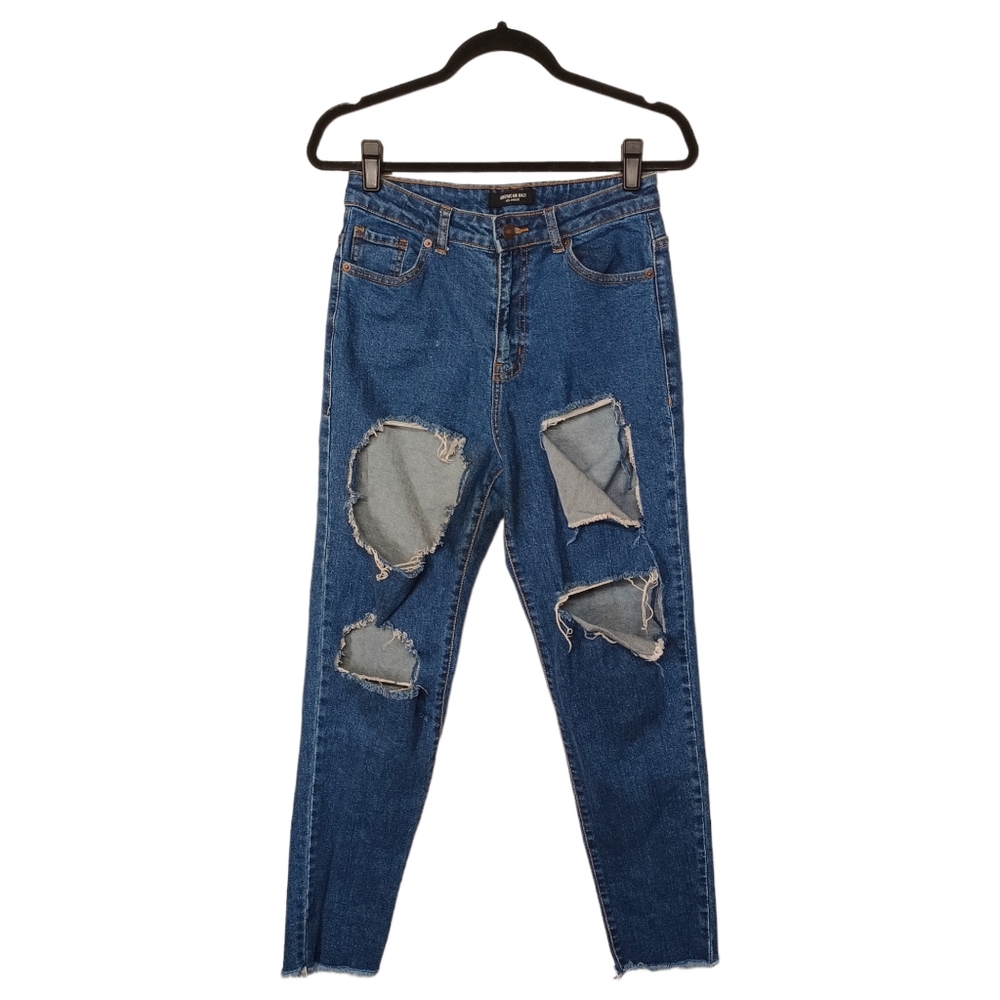 AMERICAN BAZI Dark Medium Blue Distressed Skinny Jeans 5